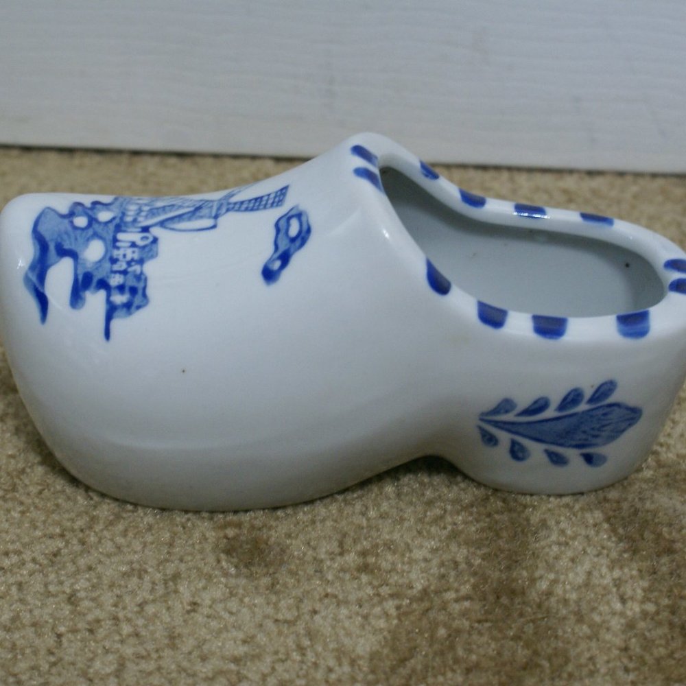 Ceramic Dutch Holland Clog Shoe Blue White Windmill Planter Bowl